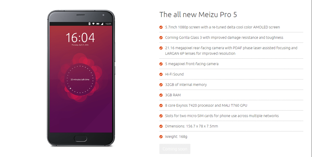 Ubuntu Meizu Pro 5 specifications
