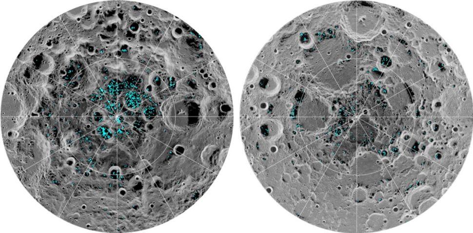 Voda na južnom a severnom póle Mesiaca (zdroj: NASA)