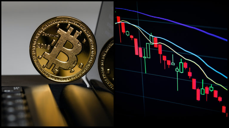 Na ľavej strane obrázka vidíme fyzickú mincu, reprezentujúcu bitcoin. Na pravej strane graf jeho klesajúcej hodnoty.