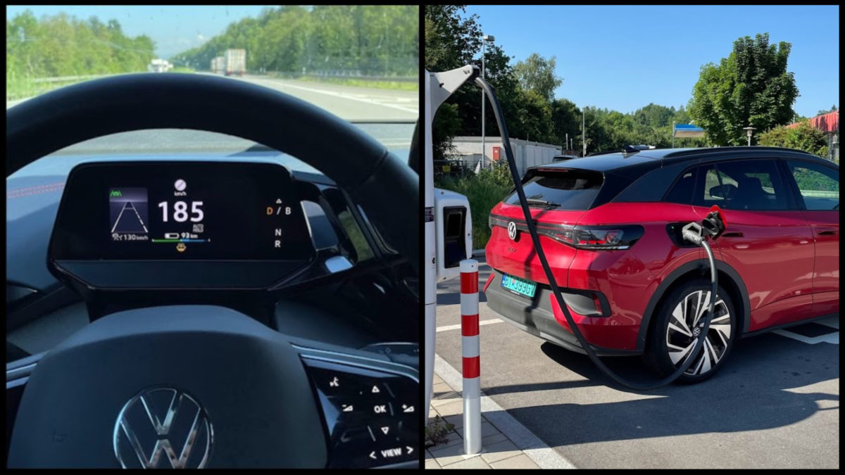 Na obrázku sa nachádza VW ID.4 GTX počas jazdy maximálnou rýchlosťou na nemeckej diaľnici a počas nabíjania.