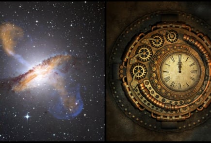 Na obrázku sa nachádza snímka vesmíru a hodiny v štýle steampunk.