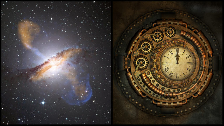 Na obrázku sa nachádza snímka vesmíru a hodiny v štýle steampunk.