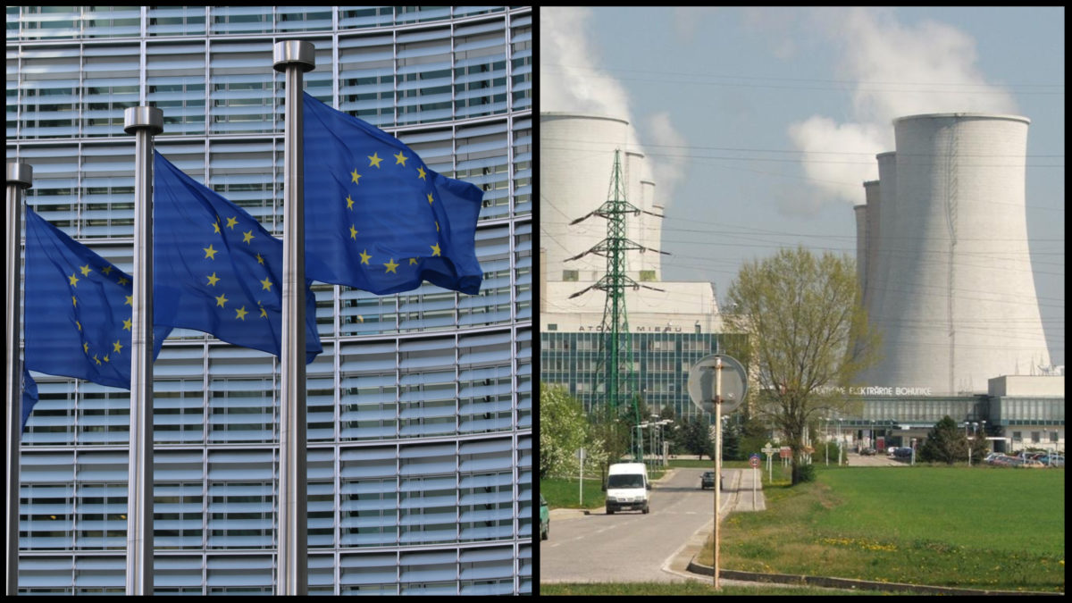 Na obrázku sa nachádza vlajka EÚ a jadrová elektráreň v Jaslovských Bohuniciach.