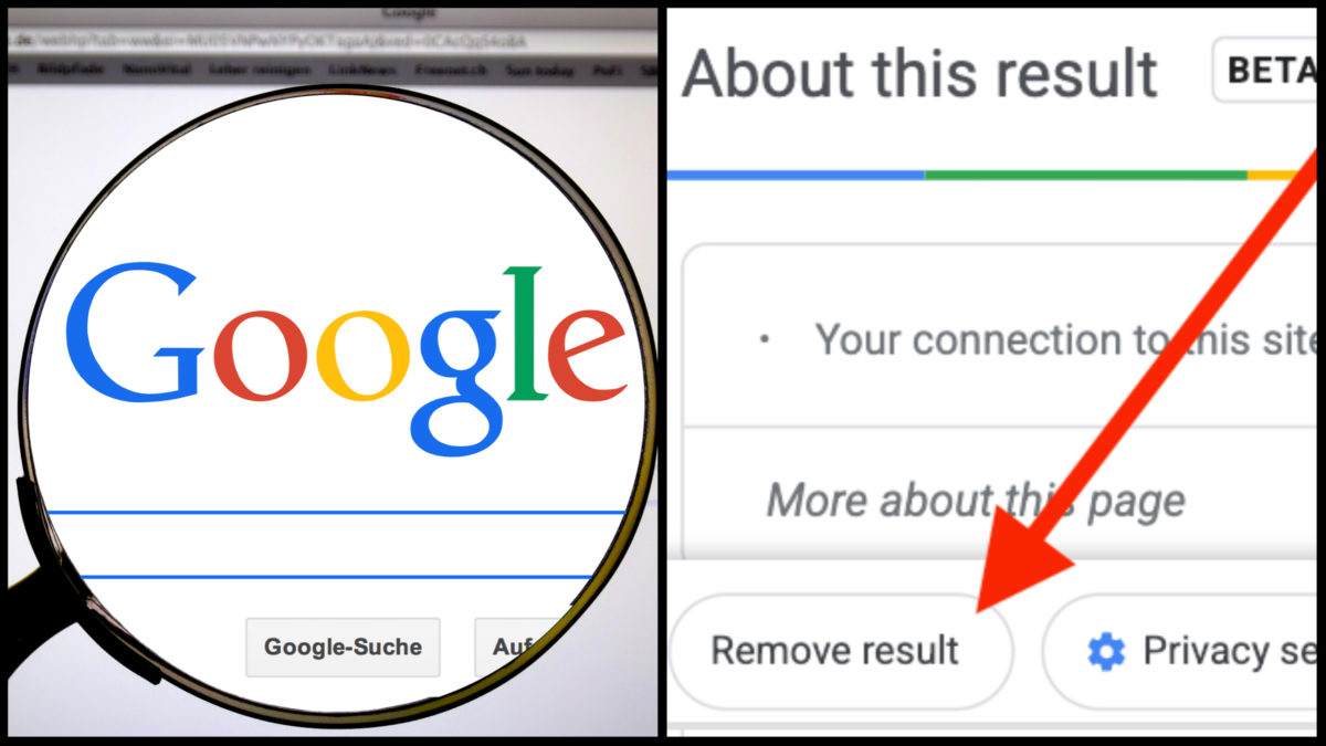 Na koláži sa vľavo nachádza logo Google pod lupou a vpravo sa nachádza nové tlačildlo, pomocou ktorého môžno odstrániť výsledok vyhľadávania, ak došlo k porušeniu ochrany osobných údajov.