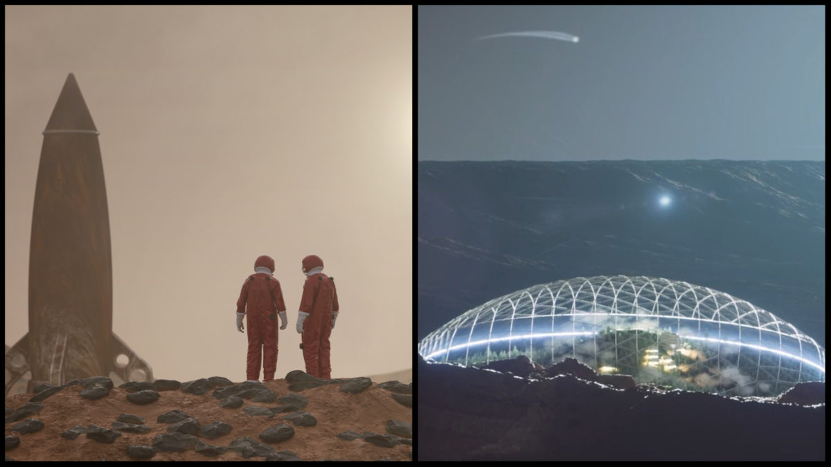 Na ľavej strane sa nachádza dvojica astronautov na pustej planéte stojacich vedľa svojej vesmírnej lode. Na pravo vidíme kolonizovanú planétu.