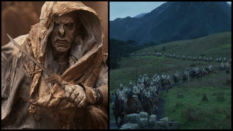 Vľavo sa na koláži nachádza postava zo seriálu Rings of Power a napravo vidíme snímku zo 6. epizódy, v ktorej pochoduje armáda.