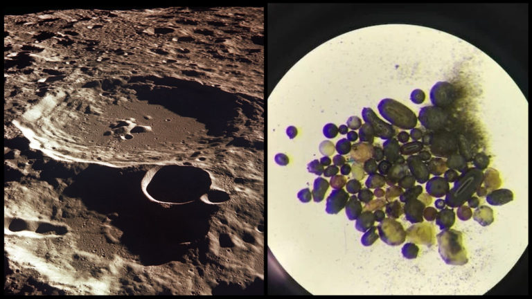 Na ľavej strane vidíme lunárny povrch, napravo malé guľôčky, ktoré na Mesiaci našli vedci.