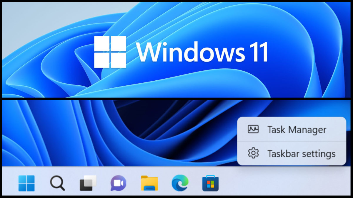 V hornej časti obrázku sa nachádza logo Windows 11 a v spodnej je snímka panelu úloh zo systému.