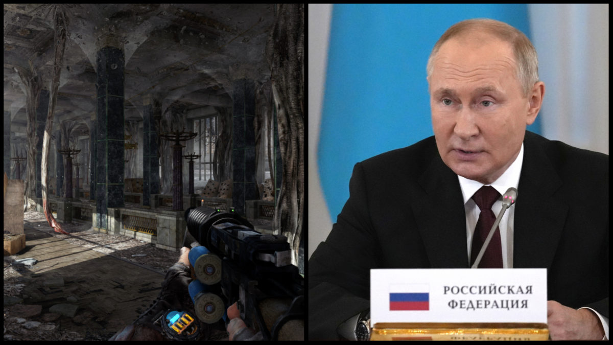 Na ľavej strane sa nachádza snímka z hry Metro 2033 a na pravej strane Vladimír Putin.