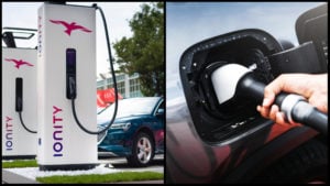 Na ľavej strane obrázku vidíme nabíjacie stojany Ionity a napravo muža, ktorý zasúva nabíjací kabel do elektromobilu.