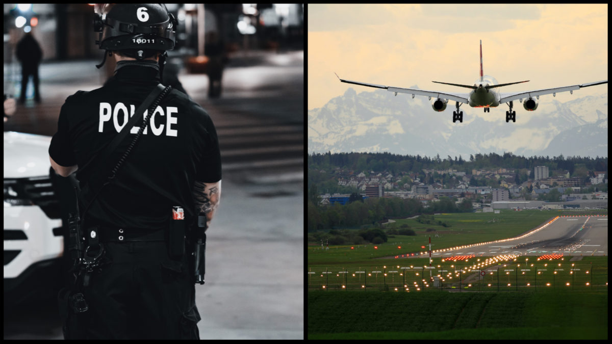 Na ľavej strane obrázku stojí policajt, na pravej strane pristáva lietadlo.