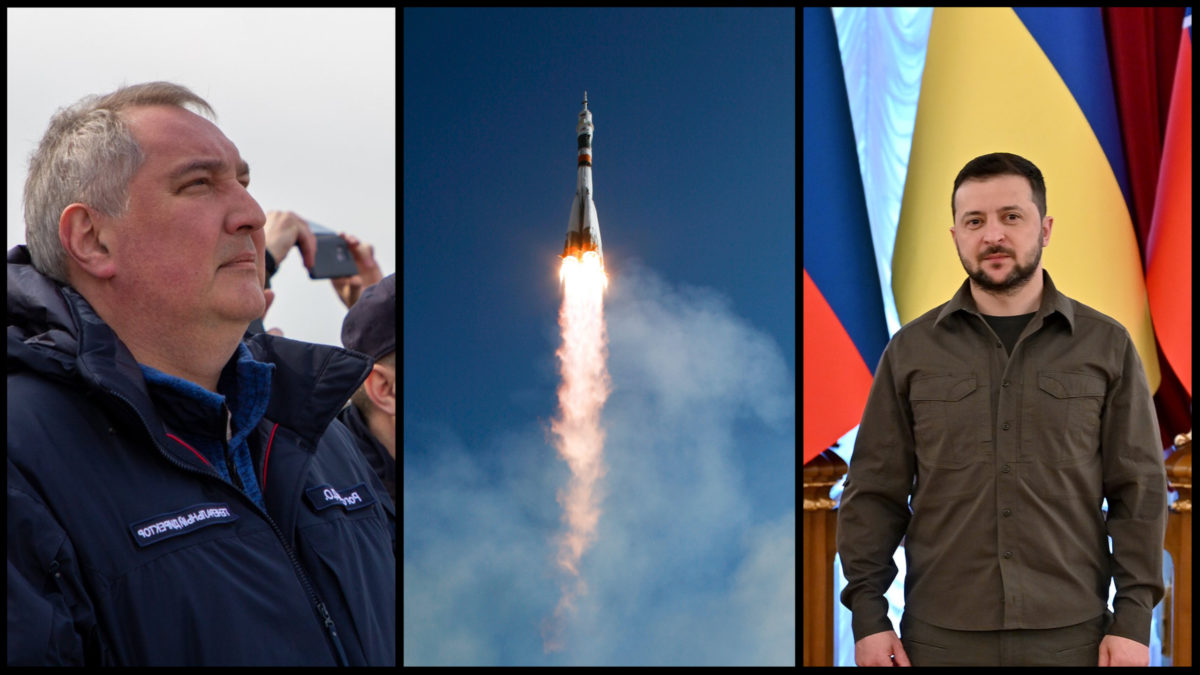 Na obrázku sa nachádza koláž, ktorú tvoria dokopy 3 obrázky. Na prvom sa nachádza vývalý vedúci Roskosmosu, na druhom ruská raketa Soyuz a na treťom ukrajinský prezident V. Zelenskyj.