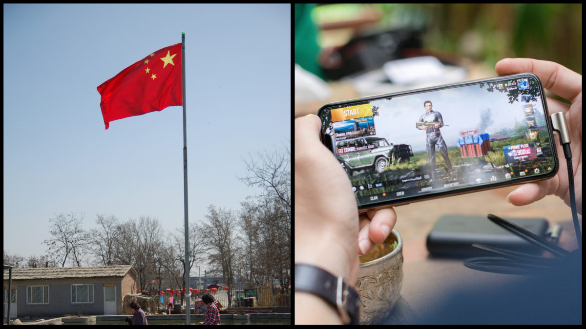 Na obrázku sa nachádza čínska vlajka a hry na telefón.