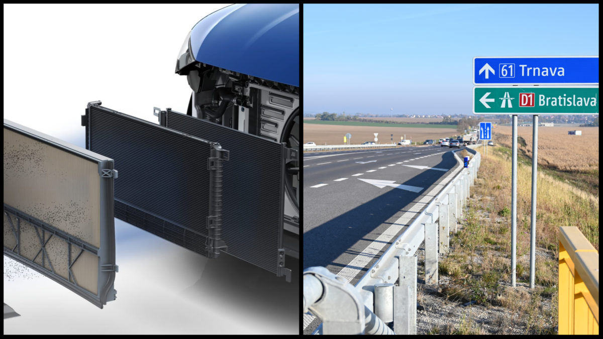 Na obrázku je koláž, ktorej prvá časť je vizualizácia vzduchového filtra od Audi a druhá časť je slovenská diaľnica.