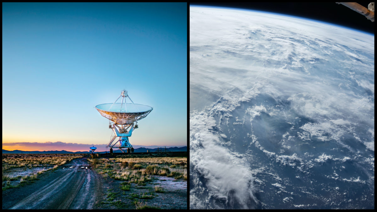 Na obrázku sa nachádza satelit a planéta Zem fotená z našej obežnej dráhy.