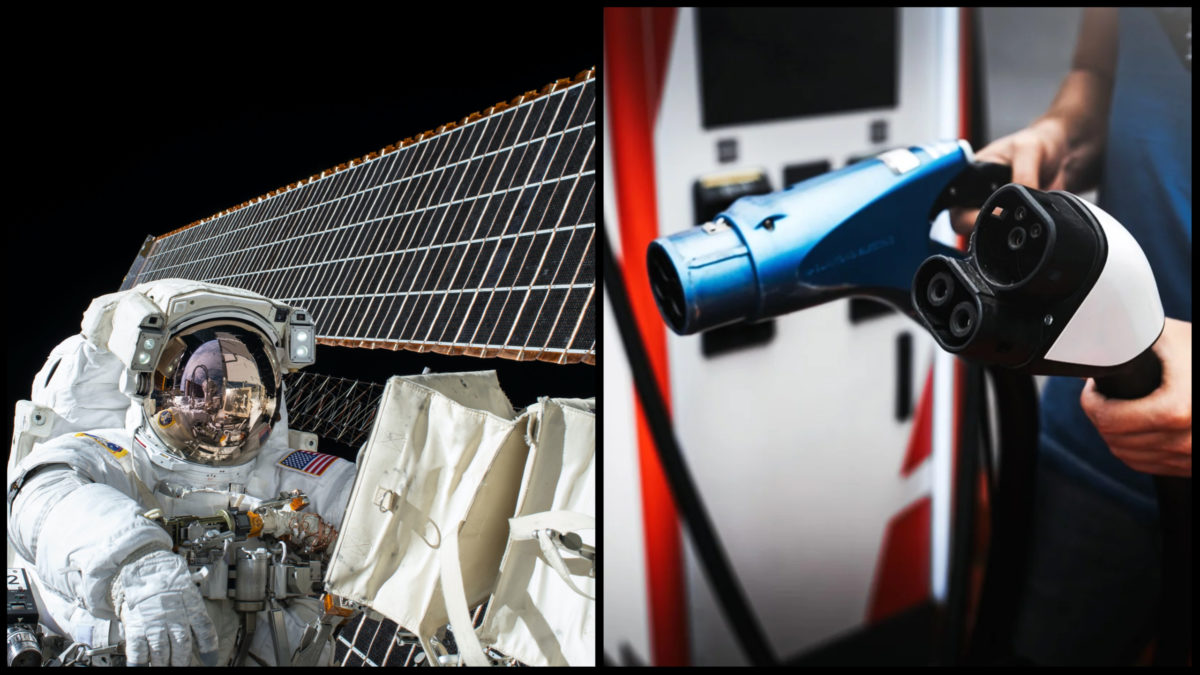 Na obrázku sa nachádza astronaut NASA a konektory nabíjačky pre elektromobily.