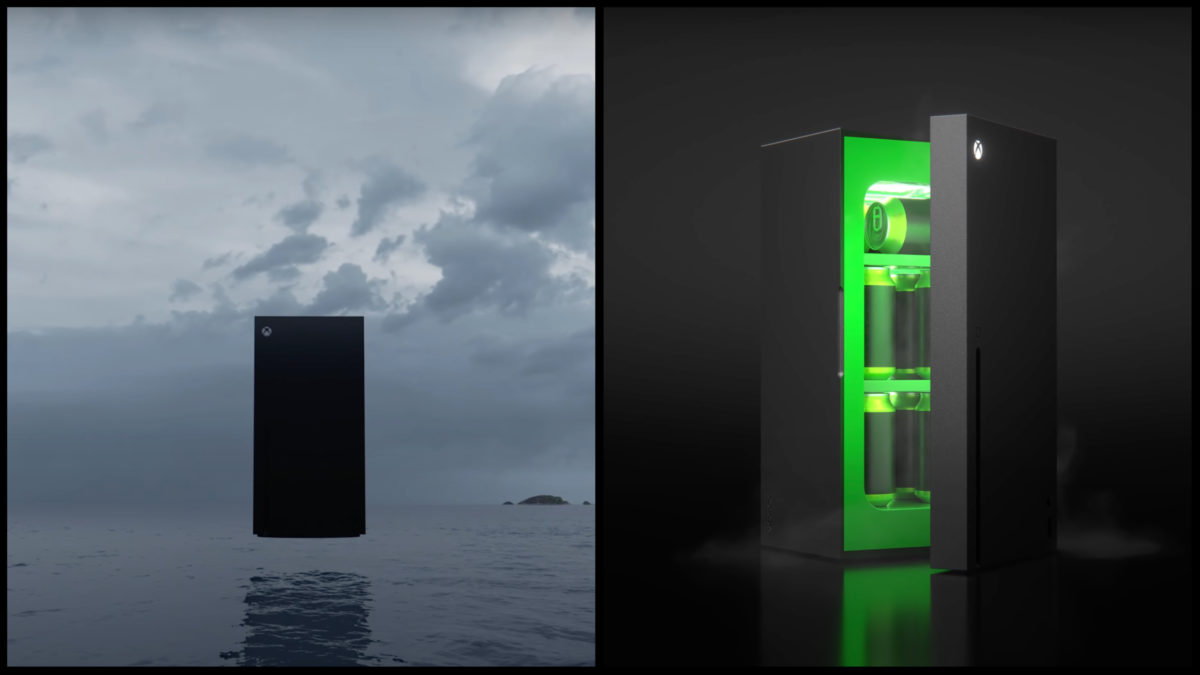 Na obrázku sa nachádza Xbox mini chladnička v dvoch samostatných záberoch.