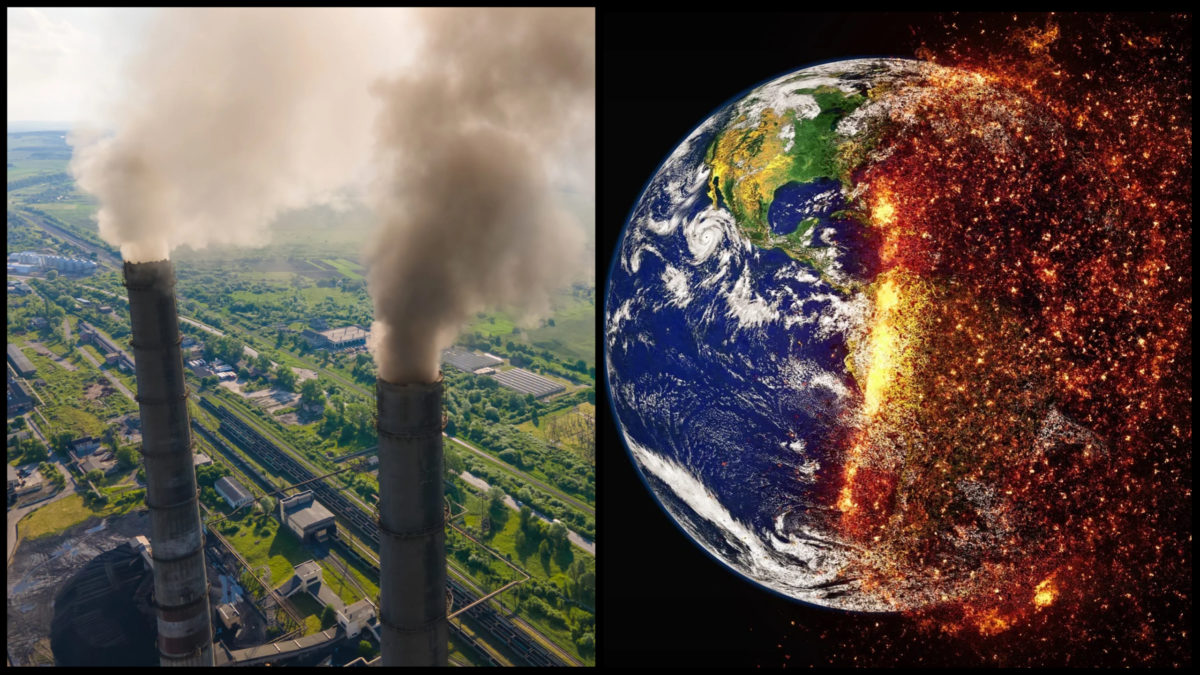 Na obrázku sa nachádzajú komíny uhoľnej elektrárne a planéta Zem, ktorá horí.