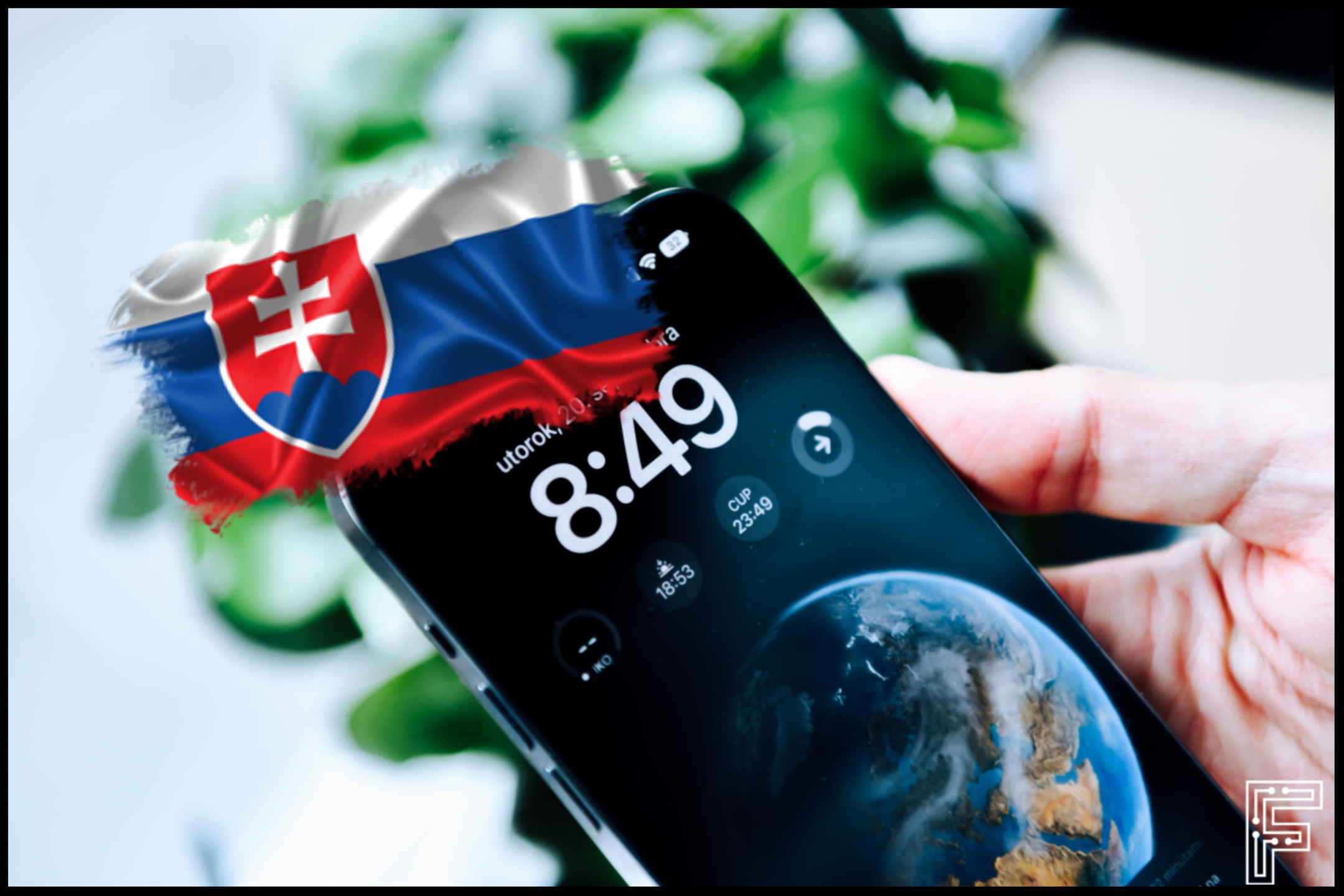 Na obrázku sa nachádza telefón so Slovenskou vlajkou.