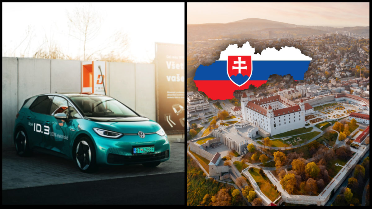 Na obrázku sa nabíja Volkswagen ID.3 na nabíjacej stanici ZSE Drive v Beladiciach. Na druhej strane koláže sa nachádza Bratislava so slovenskou vlajkou.