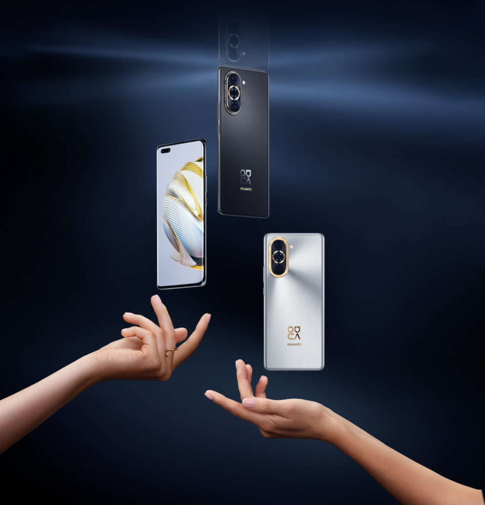 Na obrázku telefóny Huawei nova 10 v oboch farebných prevedeniach levitujú nad rukami.