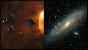 Na obrázku sa nachádzajú letiace asteroidy a galaxia.