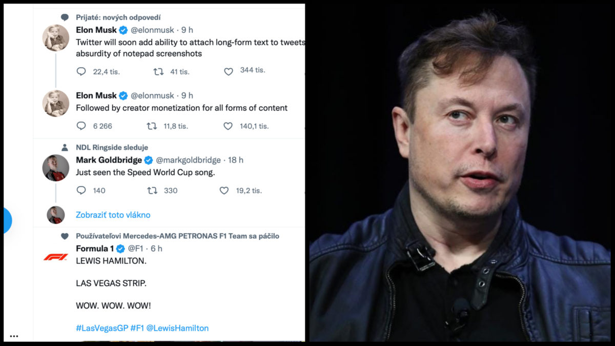 Na obrázku sa nachádza snímka obrazovky z webu Twitteru a fotka Elona Muska.
