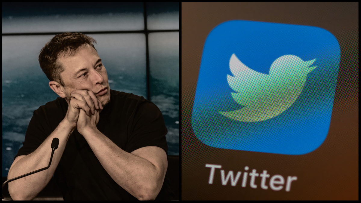 Na obrázku je Elon Musk so zalomenými rukami a ikonka aplikácie Twitter na iPhone.