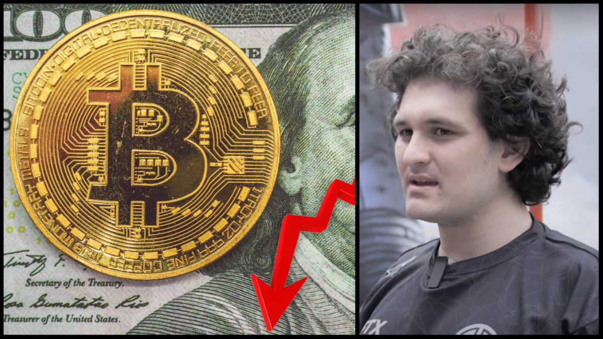 Na obrázku sa nachádza fyzická reprezentácia bitcoinu a Sam Bankman-Fried.