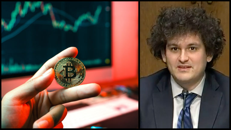 Na obrázku sa nachádza minca reprezentujúca Bitcoin a fotka Sam Bankman-Frieda.