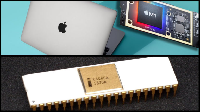 Na obrázku sa nachádza Mackbook, čip Apple M1 a mikroprocesor Intel 8080 z roku 1974.