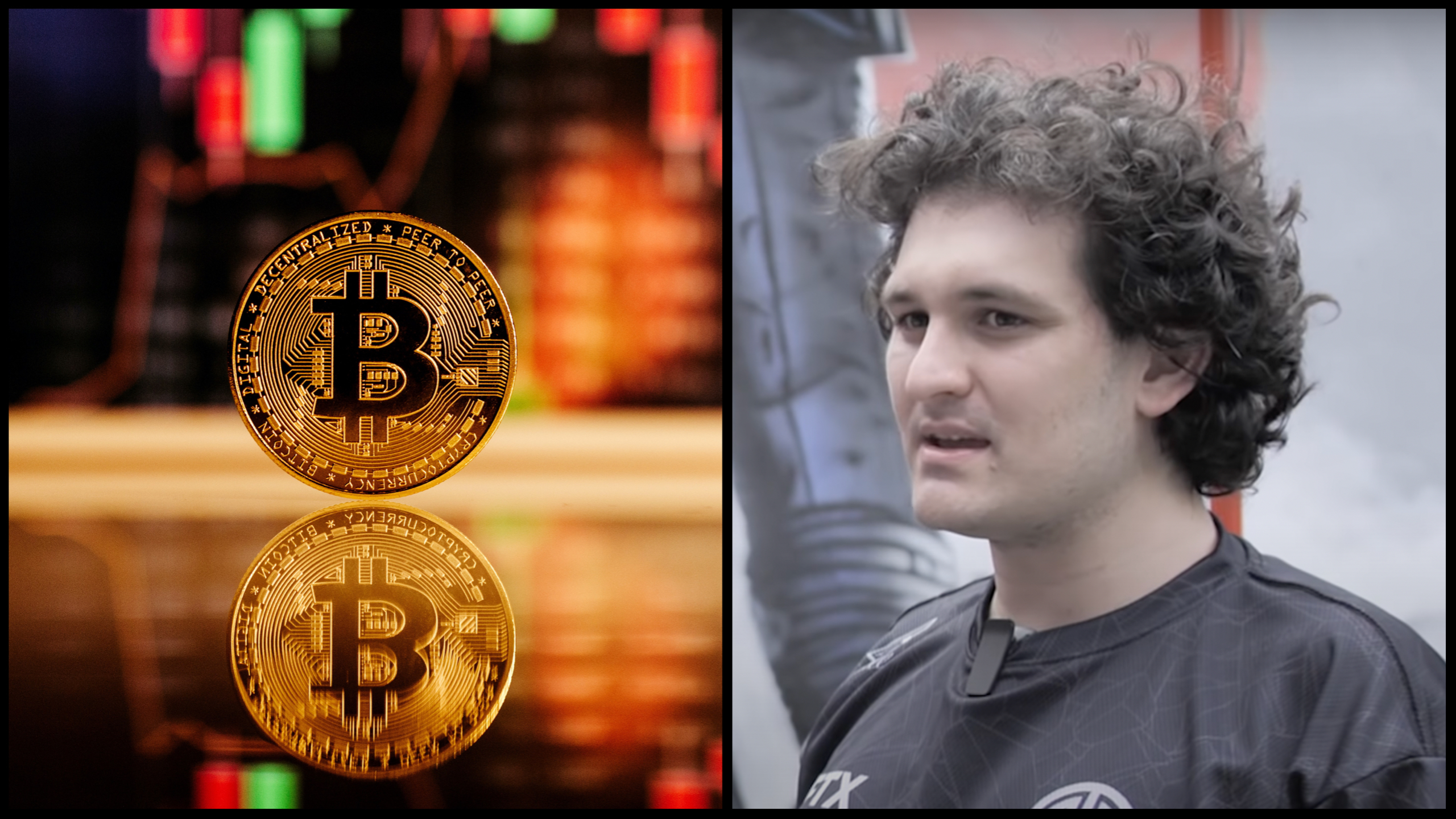 Na obrázku sa nachádza ilustračný bitcoin a Sam Bankman-Fried, zakladateľ FTX.