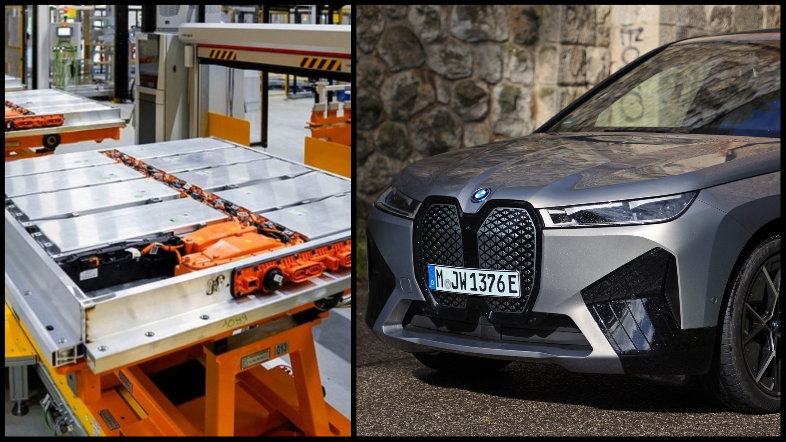 Na obrázku je batéria elektromobilu a elektrické BMW iX M60.