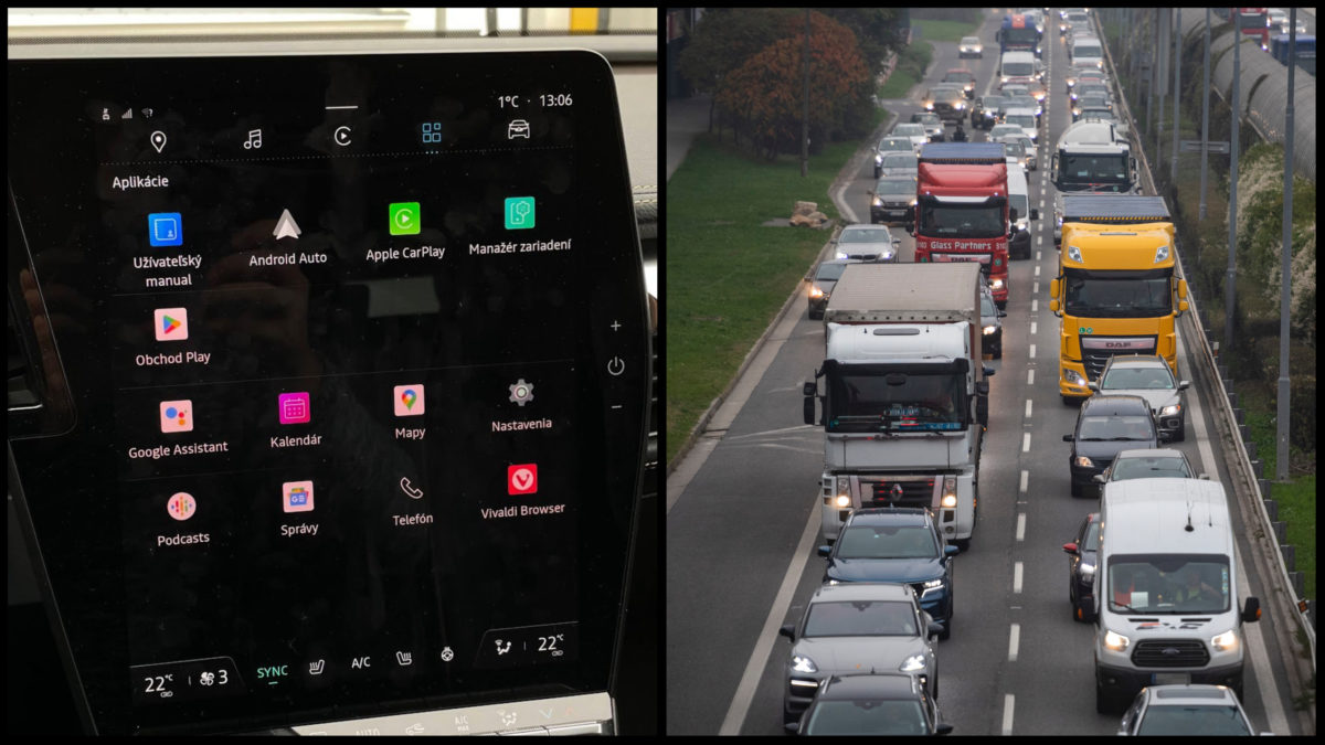 Na obrázku je systém Android Automotive a zápcha na diaľnici D1.