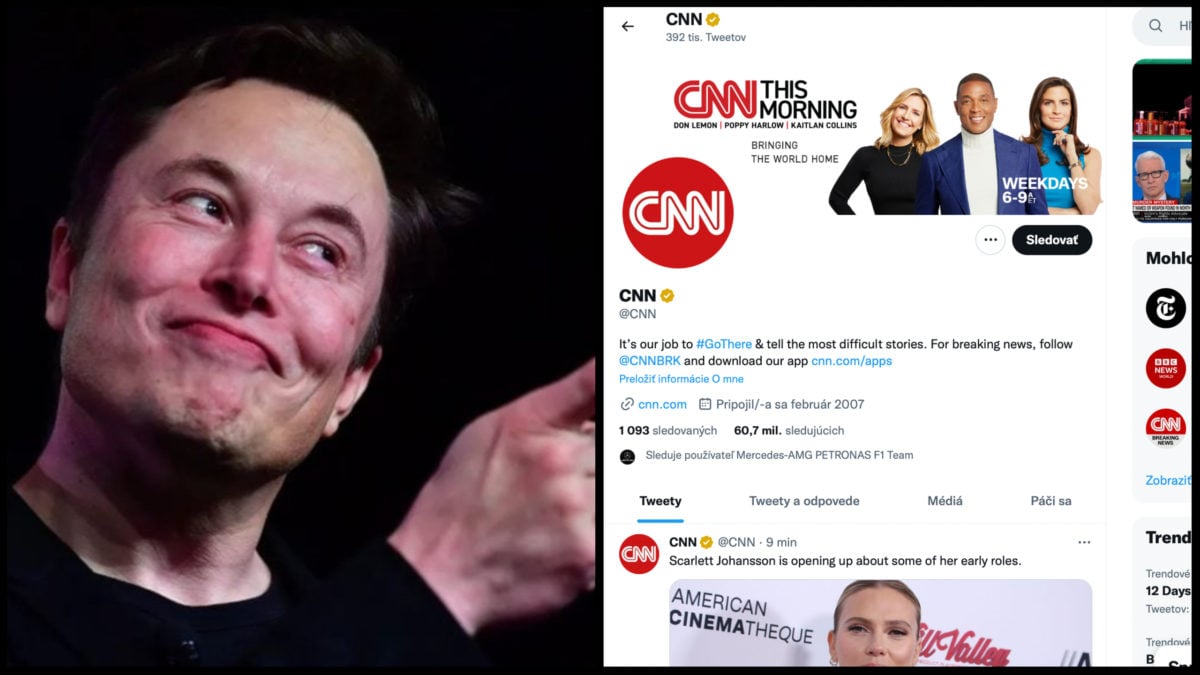 Na obrázku je Elon Musk a profil CNN na Twitteri.