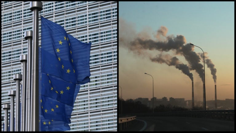 Na obrázku je vlajka EÚ a komíny, z ktorých ide dym.