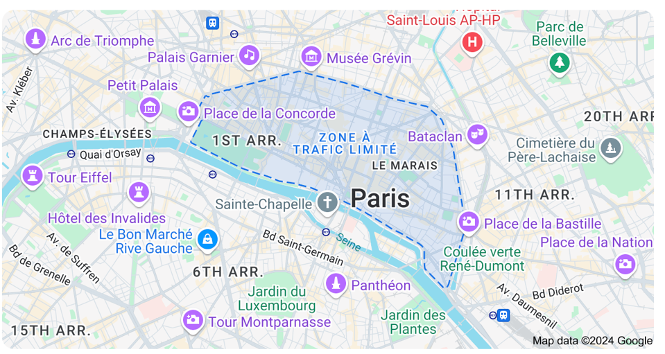 Mapa Paríža s vyznačeným obmedzením v 1. až 4. okrsku