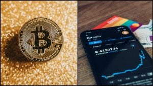 Bitcoin minca na zlatom pozadí, digitálna mena, kryptomeny, finančné technológie.