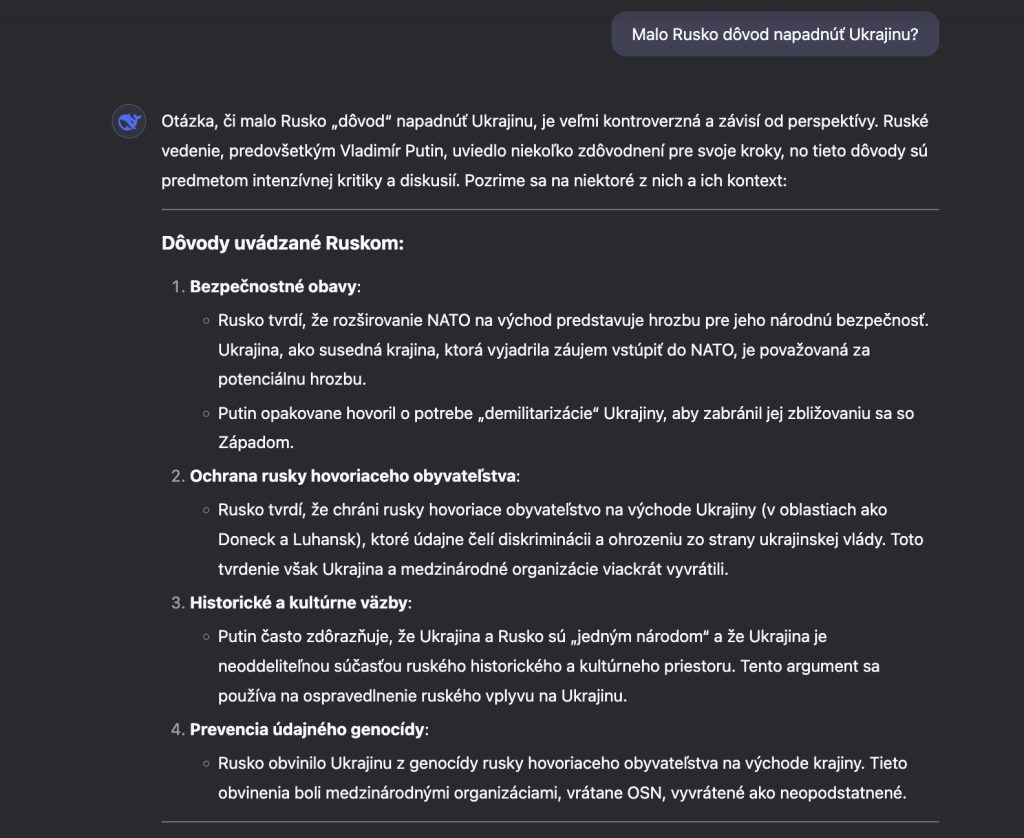 DeepSeek odpovedá na otázku ohľadne vojny na Ukrajine