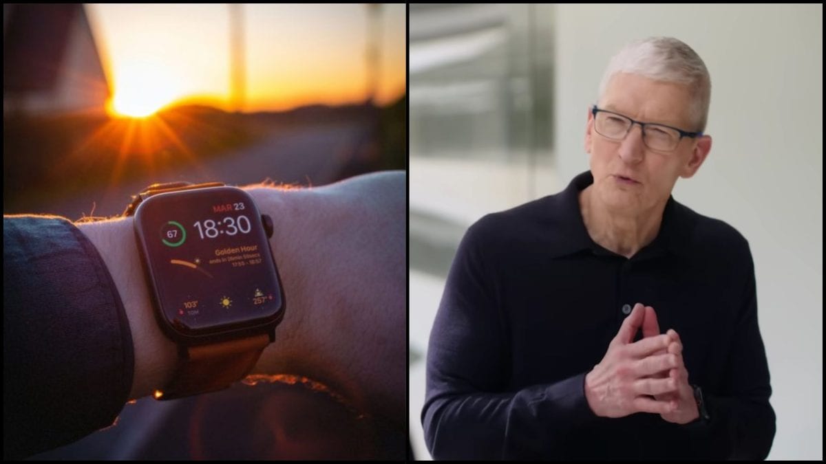 apple watch pri západe slnka a Tim Cook prosiaci o milosť