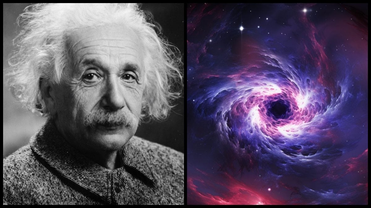 Na obrázku je Albert Einstein a vizualizácia čiernej diery.