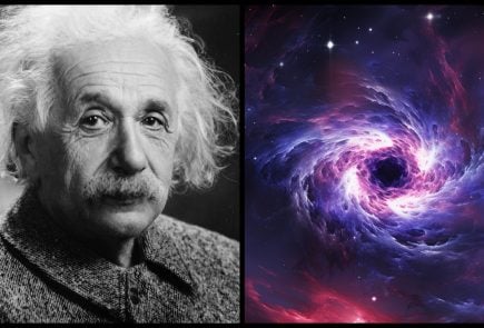 Na obrázku je Albert Einstein a vizualizácia čiernej diery.