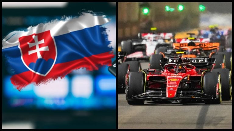 Na obrázku sú monoposty Formula 1 a slovenská vlajka.