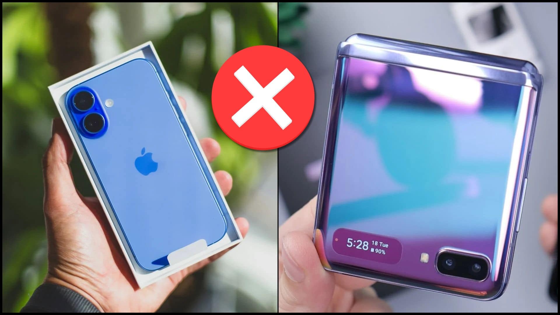 iphone v krabičke a skladací smartfón v ruke, aj znak X