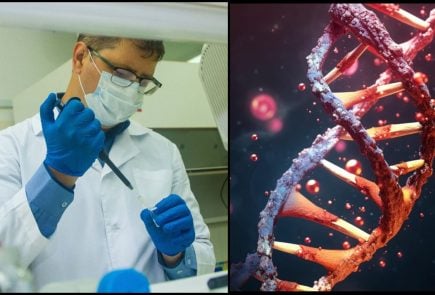 vizualizácia DNA a vedec v laboratóriu