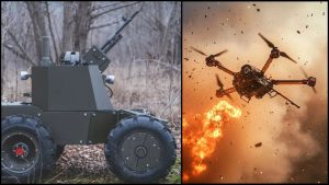 ukrajinský vojenský robot a dron chrliaci oheň.