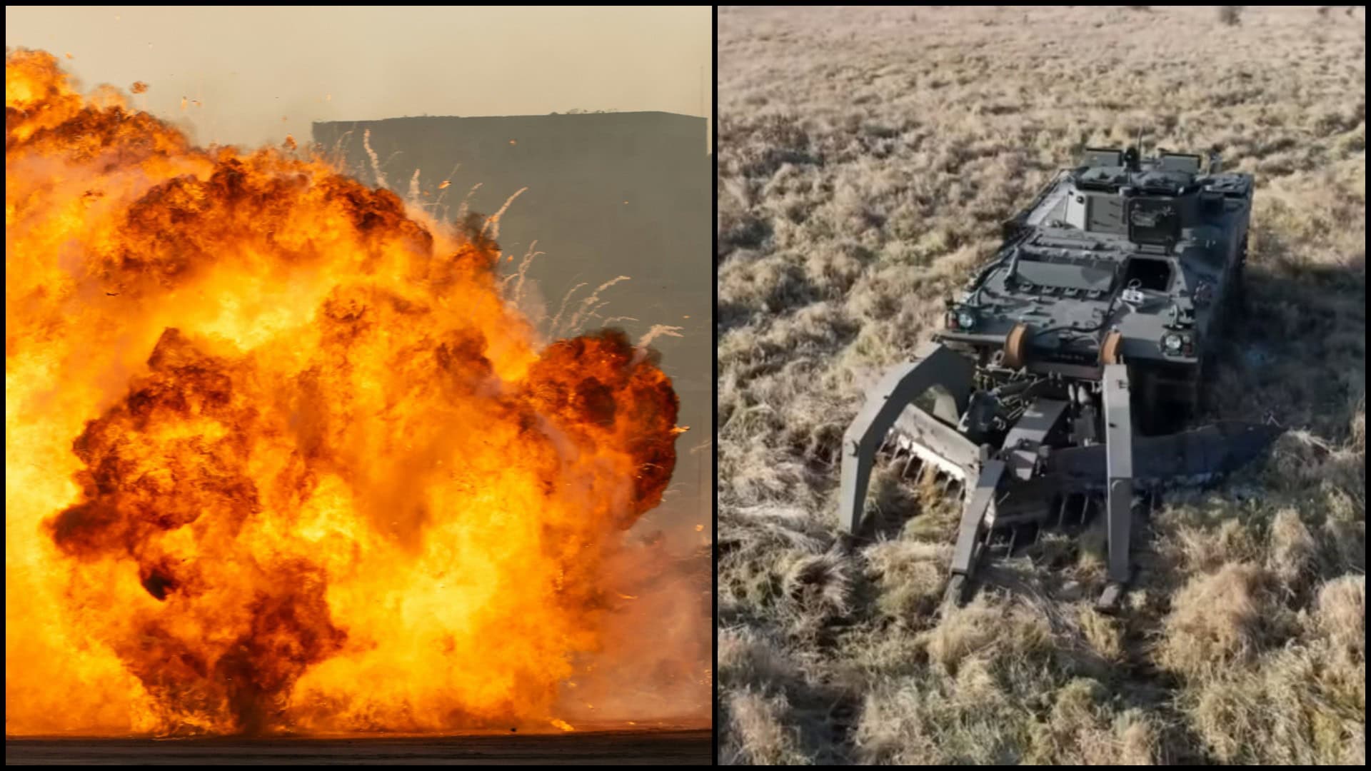 explózia a robotický tank na míny.
