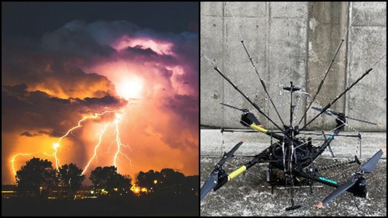 búrka, blesk a zasiahnutý dron bleskon