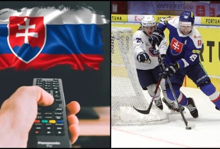 slovenská vlajka v tv a ovládač, hokejisti v súboji