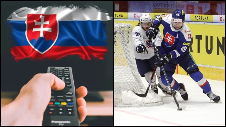slovenská vlajka v tv a ovládač, hokejisti v súboji